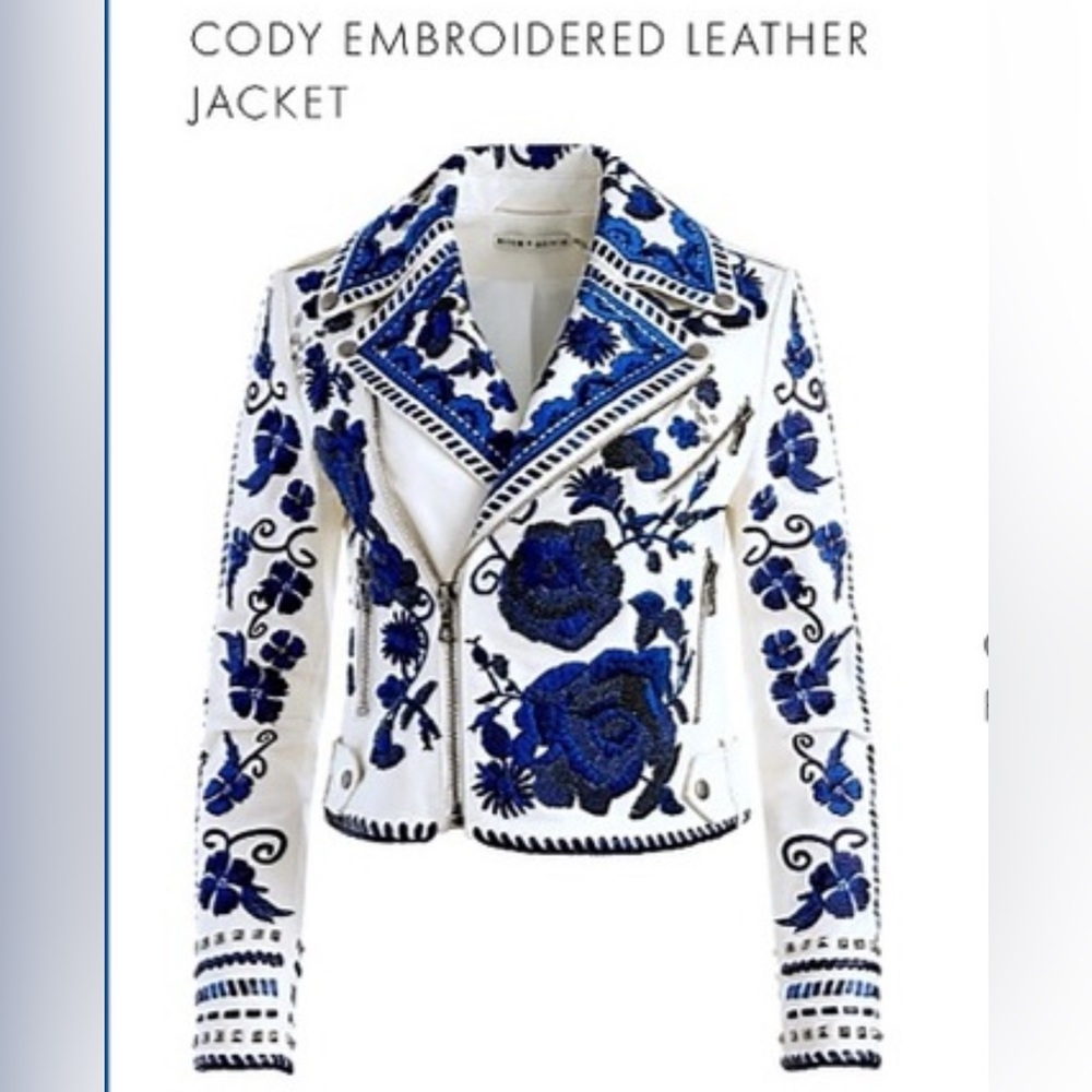 Alice + Olivia Cody White Leather Jacket  Blue Floral Embroidery Large NWT